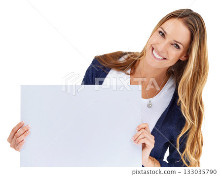 Happy woman, paper mockup and portrait isolated on white background for business presentation or poster space. Face of person with board, empty design or sign for announcement, news or studio mock up 133035790