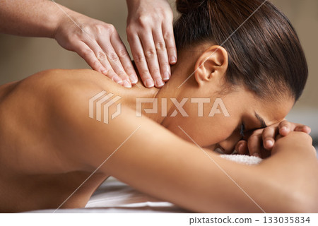 Woman, client or hands for neck massage in hotel spa to relax for zen resting or wellness physical therapy. Face of girl in salon for body healing, sleeping or natural holistic detox by masseuse 133035834