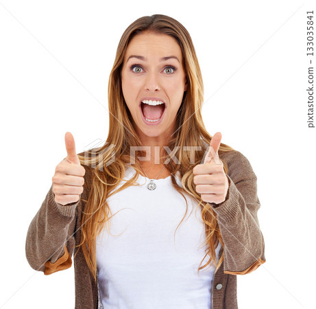 Wow, thumbs up and portrait of woman isolated on a white background with surprise, winning and like hands sign. Winner success, excited person or model in yes, okay or congratulations emoji in studio 133035841