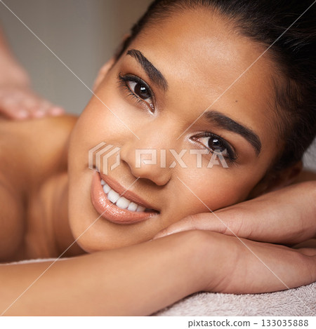 Happy girl, portrait or massage in spa to relax for zen resting or wellness physical therapy in luxury resort. Face of woman smiling in salon for body healing treatment or natural holistic detox Happy girl, portrait or massage in spa to relax for zen resting or wellness physical therapy in luxury resort. Face of woman smiling in salon for body healing treatment or natural holistic detox 133035888
