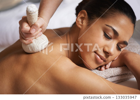 Girl, compress or hands for back massage in salon to relax for zen resting or wellness in physical therapy healing. Woman in spa for sleeping or natural holistic body detox by masseuse with hot balls 133035947