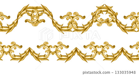 Golden vintage vignettes on a seamless pattern isolated on a white background. Watercolor border for Christmas and wedding decor, invitations, greeting cards, tablecloths, table runners, home decor 133035948