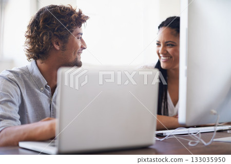 Funny, computer or happy people chat on break talking, chatting or speaking of gossip news together. Laptop, laughing or relaxed employees in conversation or discussion about a blog article at desk Funny, computer or happy people chat on break talking, chatting or speaking of gossip news together. Laptop, laughing or relaxed employees in conversation or discussion about a blog article at desk 133035950