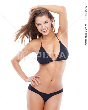 Woman body, bikini and smile in underwear posing in fashion lingerie for summer style against a white studio background. Portrait of happy isolated attractive female model in swim suit hot pose Woman body, bikini and smile in underwear posing in fashion lingerie for summer style against a white studio background. Portrait of happy isolated attractive female model in swim suit hot pose 133035976