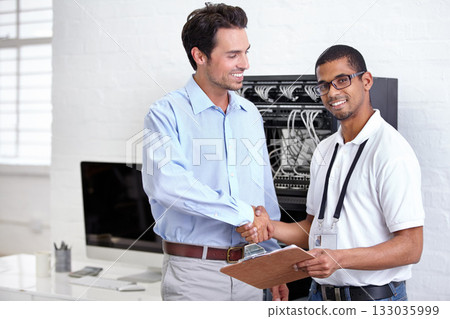 Server room, it support and handshake with a technician and business man in agreement of a cyber security contract. Network, database and consulting with an engineer and male customer shaking hands Server room, it support and handshake with a technician and business man in agreement of a cyber security contract. Network, database and consulting with an engineer and male customer shaking hands 133035999