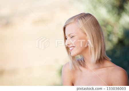 Profile, smile and beauty of a woman outdoor in nature for natural makeup, dermatology and cosmetics. Female model person happy with green or sustainable skincare, facial self care and healthy glow 133036003