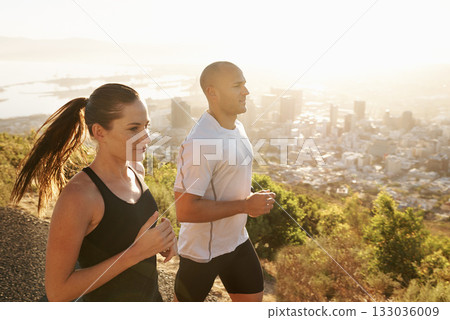Sunrise, fitness and coach running with woman as workout or morning exercise for health and wellness together. Sport, marathon and runner run with man athlete for training for energy or sports 133036009