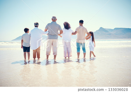 Black family, beach or holding hands with children, parents and grandparents standing in the water from behind. Back, nature or view with kids, senior people and relatives bonding in the ocean Black family, beach or holding hands with children, parents and grandparents standing in the water from behind. Back, nature or view with kids, senior people and relatives bonding in the ocean 133036028