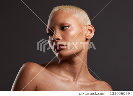 Beauty, makeup and skincare, face of black woman in dark studio with platinum hair isolated on grey background. Art aesthetic, cosmetics and beautiful African model in skin glow and luxury spa facial Beauty, makeup and skincare, face of black woman in dark studio with platinum hair isolated on grey background. Art aesthetic, cosmetics and beautiful African model in skin glow and luxury spa facial 133036029