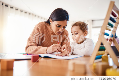 Education, learning and mother with child drawing in book in home for studying, homework or homeschool. Early development, growth and creative boy with mama teaching him art color, bonding and care. Education, learning and mother with child drawing in book in home for studying, homework or homeschool. Early development, growth and creative boy with mama teaching him art color, bonding and care. 133036070