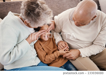 Love, grandparents and boy play on couch, happiness and bonding together for quality time. Family, granny and grandad with grandchild, playing and smile in living room, loving and enjoy retirement Love, grandparents and boy play on couch, happiness and bonding together for quality time. Family, granny and grandad with grandchild, playing and smile in living room, loving and enjoy retirement 133036080