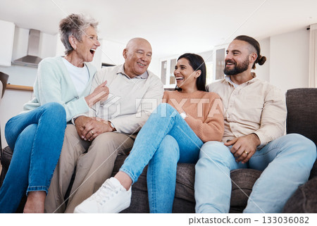 Parents, couple and happy family bonding in a home or house together spending quality time sitting on a couch or sofa. Elderly, holiday and people relax and visit on vacation being carefree Parents, couple and happy family bonding in a home or house together spending quality time sitting on a couch or sofa. Elderly, holiday and people relax and visit on vacation being carefree 133036082