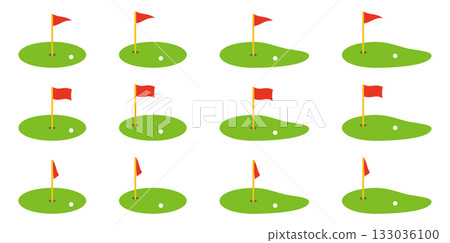 Set of vector illustrations of golf green and flag icons of various shapes 133036100
