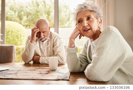 Senior couple, divorce and stress with fight, depression and breakup in living room, angry and financial crisis. Old man, mature woman or toxic relationship with anger, sad or mental health in lounge 133036106