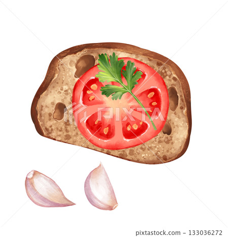 Hand-drawn rustic Italian snack. Isolated illustration featuring an open sandwich or bruschetta with a tomato slice, fresh parsley, and garlic cloves. Perfect for menu design, cooking book Hand-drawn rustic Italian snack. Isolated illustration featuring an open sandwich or bruschetta with a tomato slice, fresh parsley, and garlic cloves. Perfect for menu design, cooking book 133036272