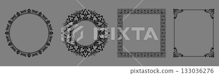 Set of decorative frames Elegant vector element for design in Eastern style, place for text. Floral black and gray borders. Lace illustration for invitations and greeting cards 133036276