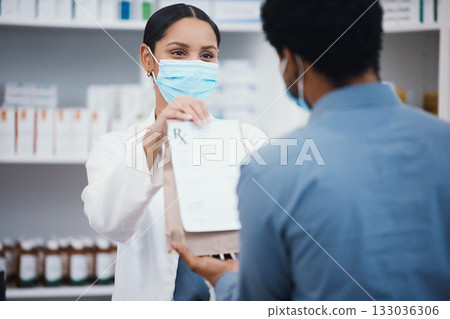 Pharmacy package, face mask and woman with customer with pills prescription, medical supplements and medicine. Healthcare, covid and pharmacist with man with shopping product, drugs or medication 133036306