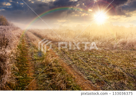 autumn landscape with dirt road through rural field in hoarfrost and fog at sunset. beautiful mountain countryside in evening light. frosty weather under rainbow. abandoned area needs investment 133036375