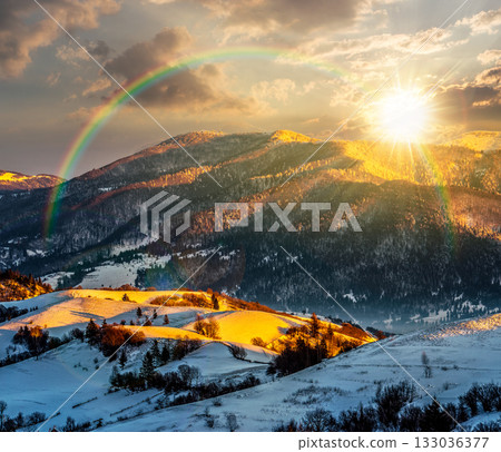 mountain rural area near peaks in snow on frosty winter at sunset. countryside landscape with rolling hill cover with snow in evening light. cold alpine climate. storytelling image under the rainbow 133036377