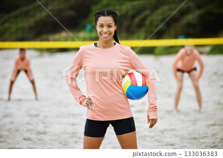 Volleyball, beach or portrait of sports women playing a game in training or workout in summer together. Team fitness, smile or happy friends on sand ready to start a fun competitive match in Brazil Volleyball, beach or portrait of sports women playing a game in training or workout in summer together. Team fitness, smile or happy friends on sand ready to start a fun competitive match in Brazil 133036383