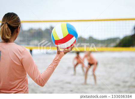 Beach volleyball, ready or hand of sports woman playing a game in training or workout in summer together. Girls team, fitness start or friends on sand ready to start a fun competitive match in Brazil Beach volleyball, ready or hand of sports woman playing a game in training or workout in summer together. Girls team, fitness start or friends on sand ready to start a fun competitive match in Brazil 133036384