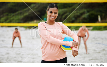 Volleyball, beach or portrait of sports girl playing a game in training or fitness workout with team. Face, smile or happy woman with friends on sand ready to start a fun competitive match in Brazil Volleyball, beach or portrait of sports girl playing a game in training or fitness workout with team. Face, smile or happy woman with friends on sand ready to start a fun competitive match in Brazil 133036387