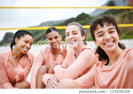 Volleyball women team, beach selfie and peace sign in portrait with smile, support and diversity for sport. Gen z woman athlete, social media and profile picture with solidarity, fitness and wellness 133036388