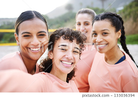 Selfie portrait, volleyball and women on beach with smile excited for sports game, match and competition. Friendship, teamwork and happy female athletes take picture in training, practice and fitness Selfie portrait, volleyball and women on beach with smile excited for sports game, match and competition. Friendship, teamwork and happy female athletes take picture in training, practice and fitness 133036394