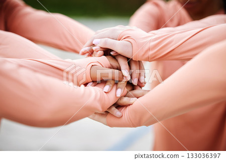 Teamwork, hands together and collaboration for sports, team building or motivation. Solidarity, unity and group of women or athletes huddle for goals, targets or support, union or volleyball training Teamwork, hands together and collaboration for sports, team building or motivation. Solidarity, unity and group of women or athletes huddle for goals, targets or support, union or volleyball training 133036397