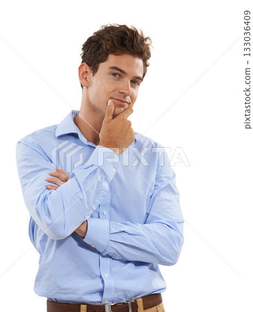 Thinking, portrait and businessman wondering a decision and contemplating isolated in a studio white background. Young, handsome and professional male entrepreneur with a serious question Thinking, portrait and businessman wondering a decision and contemplating isolated in a studio white background. Young, handsome and professional male entrepreneur with a serious question 133036409