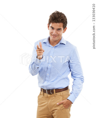 Portrait, pointing and mockup with a business man in studio isolated on a white background for choice. Fashion, point and smile with a happy young male standing hand in pocket on blank mock up space Portrait, pointing and mockup with a business man in studio isolated on a white background for choice. Fashion, point and smile with a happy young male standing hand in pocket on blank mock up space 133036410