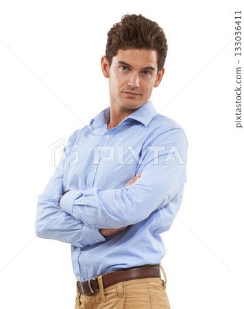 Confidence, crossed arms and portrait of a man in studio with a corporate, business and formal outfit. Leadership, professional and male model standing with serious face isolated by white background. 133036411