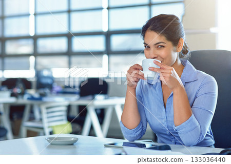 Portrait, business and woman drinking coffee, success and advertising agency with girl in workplace. Face, female manager and leader with tea, skills and confidence with joy, development and office 133036440