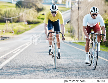 Cycling fitness men or friends on road travel, sports or marathon training in countryside street competition or race. Exercise bicycle of athlete people in teamwork, triathlon journey and safety gear Cycling fitness men or friends on road travel, sports or marathon training in countryside street competition or race. Exercise bicycle of athlete people in teamwork, triathlon journey and safety gear 133036481