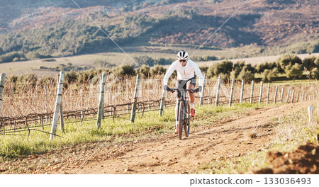 Man, bicycle and cycling on gravel in nature, countryside and training for triathlon, sports and power. Cyclist, mountain bike and off road path for marathon fitness, exercise and freedom in sunshine 133036493