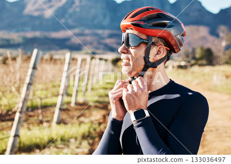 Biker, helmet and man outdoor, journey and fitness for wellness, balance and healthy lifestyle. Male athlete, cyclist and guy with safety, countryside or ready for trip for cardio, adventure or relax Biker, helmet and man outdoor, journey and fitness for wellness, balance and healthy lifestyle. Male athlete, cyclist and guy with safety, countryside or ready for trip for cardio, adventure or relax 133036497