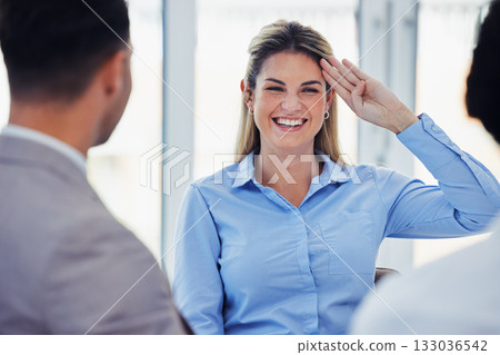 Business woman, smile and salute in office in meeting with people in company workplace. Welcome, corporate or happy female employee laughing and saluting for greeting, hello and respect for employees Business woman, smile and salute in office in meeting with people in company workplace. Welcome, corporate or happy female employee laughing and saluting for greeting, hello and respect for employees 133036542