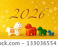 Cute horse zodiac figurines lined up on a gold leaf background New Year's card art 133036554