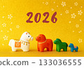 Cute horse figurine on a golden background New Year's card art 133036555