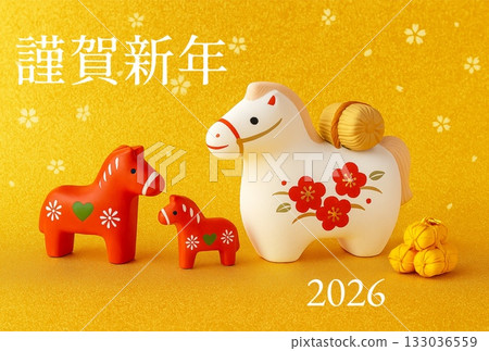 可愛的馬匹擺飾排列在金色背景上，祝您2026年馬年新年快樂！賀卡設計3 133036559