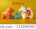 Cute horse figurines lined up on a golden background and Happy New Year 2026, Zodiac Year of the Horse, New Year's design 133036560