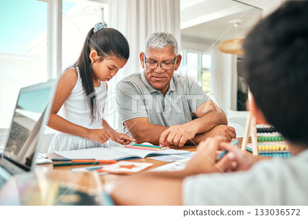 Education, learning and family together with homework, academic material and senior man with children studying. Grandfather helping kids, learn and development with growth, study and school 133036572