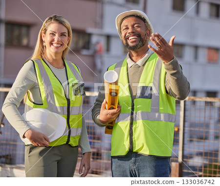 Diversity collaboration, laughing and architect teamwork on real estate building, architecture or project site. Funny joke, property developer chat and construction worker planning civil engineering Diversity collaboration, laughing and architect teamwork on real estate building, architecture or project site. Funny joke, property developer chat and construction worker planning civil engineering 133036742