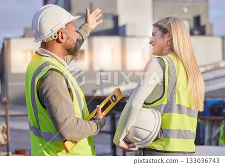 Diversity collaboration, communication and architect teamwork on real estate building, architecture or project site. Back view, property developer and construction worker planning civil engineering Diversity collaboration, communication and architect teamwork on real estate building, architecture or project site. Back view, property developer and construction worker planning civil engineering 133036743