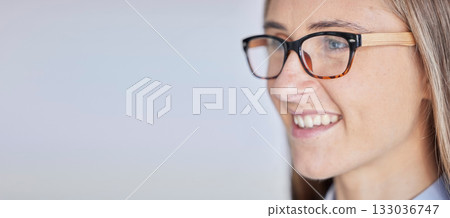 Mockup, business and woman with glasses, vision and advertising against a grey studio background. Female employee, lady and manager with eyewear, happiness and confidence with clear sight and smile 133036747
