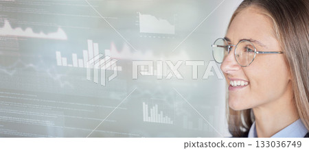 Chart overlay, analytics and happy business woman with data analysis of stock exchange, bank administration or crypto. Finance analyst insight, NFT profile or accountant review accounting statistics 133036749