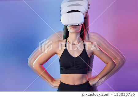 VR, fitness and woman isolated on studio background metaverse training, exercise or workout power in motion. Virtual reality, high tech and athlete or sports person body in double exposure and neon 133036750