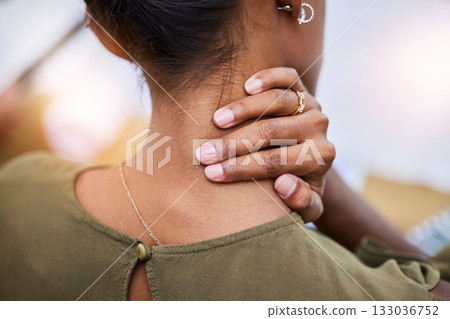 Neck pain, stress and back of woman with injury, joint inflammation or arthritis risk. Healthcare, stress and girl massage muscles for relief from strain, muscular nerve tension and body ache problem 133036752