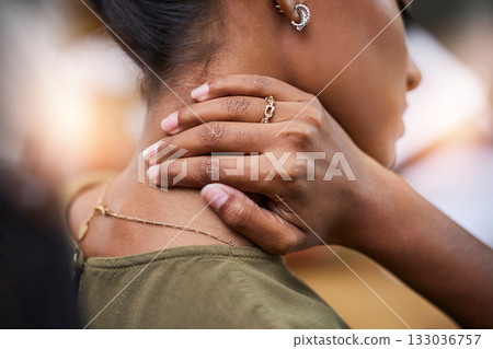 Closeup, Indian woman and neck pain with burnout, stress and agony with muscle strain, overworked and tension. Zoom, female and lady with health issue, problem or first aid with emergency or accident Closeup, Indian woman and neck pain with burnout, stress and agony with muscle strain, overworked and tension. Zoom, female and lady with health issue, problem or first aid with emergency or accident 133036757