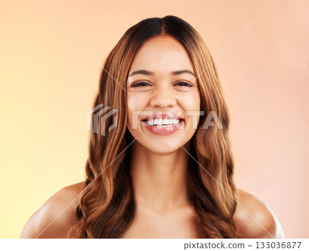 Beauty, smile and hair style with portrait of woman for shampoo, makeup and cosmetology. Happy, skincare and style with girl model for glow, self care and keratin treatment on studio background Beauty, smile and hair style with portrait of woman for shampoo, makeup and cosmetology. Happy, skincare and style with girl model for glow, self care and keratin treatment on studio background 133036877